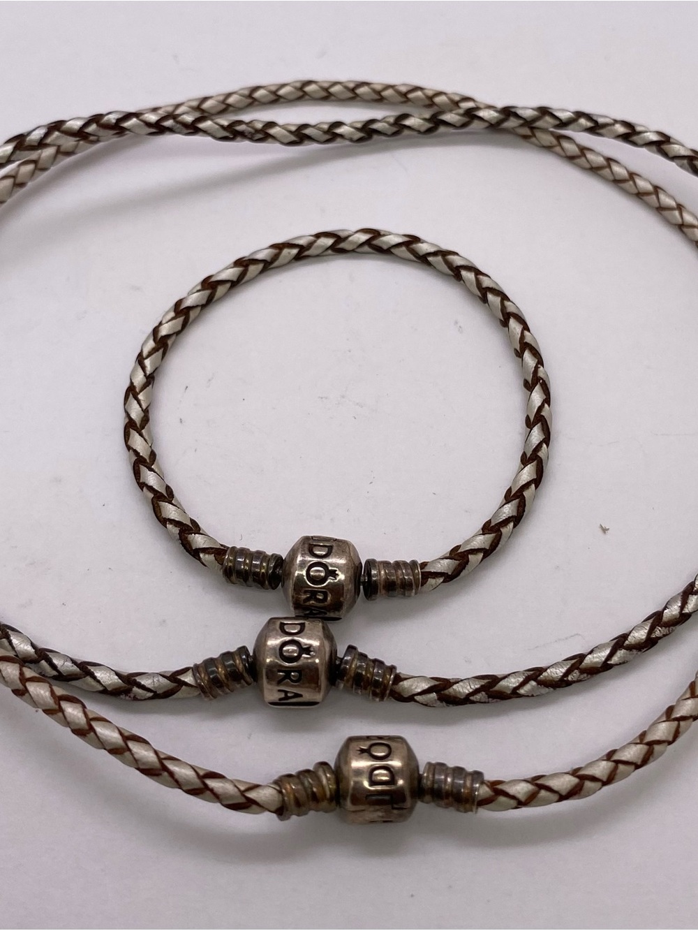 Vintage Pandora Braided Leather Necklace & Bracelet - White and Brown